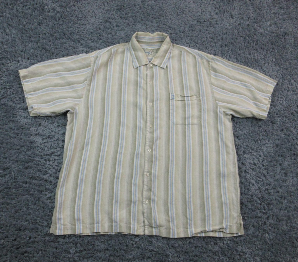 Tommy Bahama Shirt Mens XL Green Blue Striped Button Up 100% Tencel Pocket